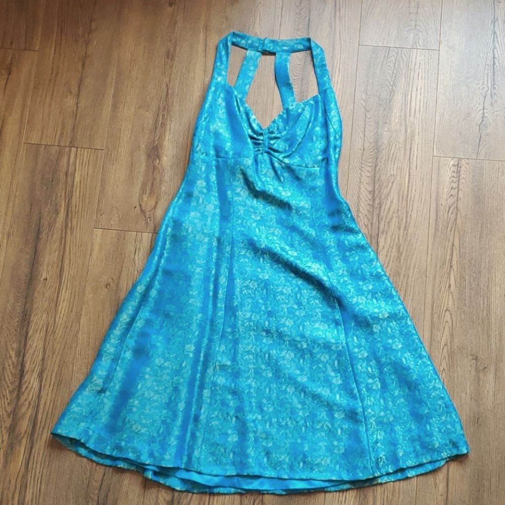 Beautiful silky blue green brocade dress, halter